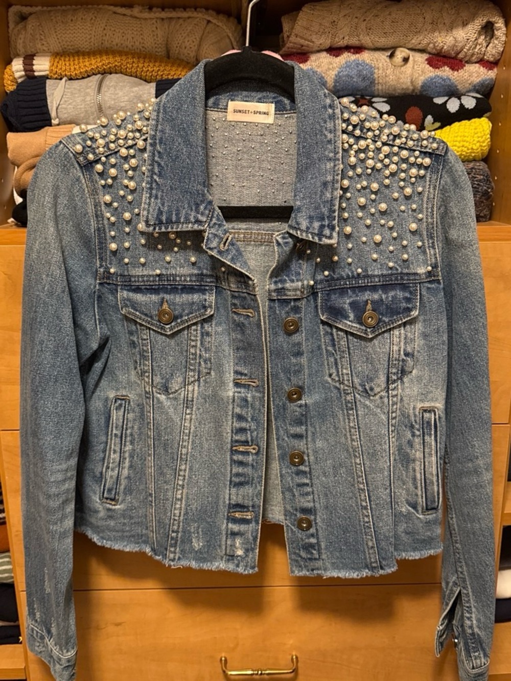 Women's Blue Denim Pearl-Embellished Jacket